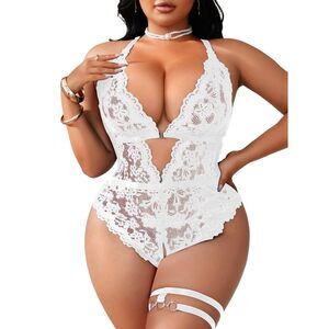 1531 Plus Size Lace Lingerie Set Deep V Neck Teddy Bodysuit Babydoll